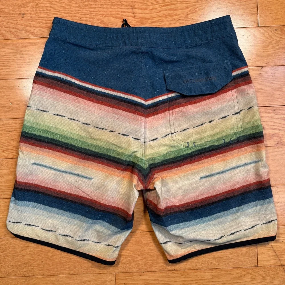 Outerknown Mens Serape Stripe Board Shorts Blue Multi Color Swim Trunks Size 28